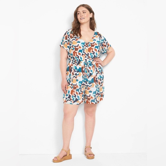Lane Bryant Button Front Tie Waist Fully Lined Romper Geometric Print Peach Teal - Picture 1 of 9